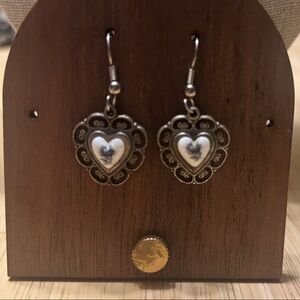 Vintage Heart-Shaped Pewter Blue and White Earrings